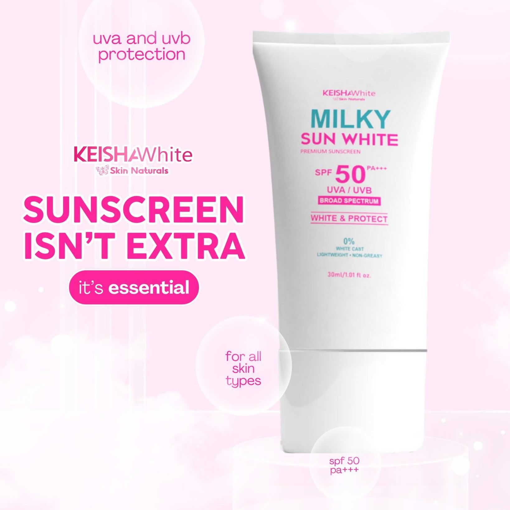 KEISHA White Skin Naturals Milky Sun White Premium Sunscreen SPF 50 PA+++ provides lightweight daily sun protection.