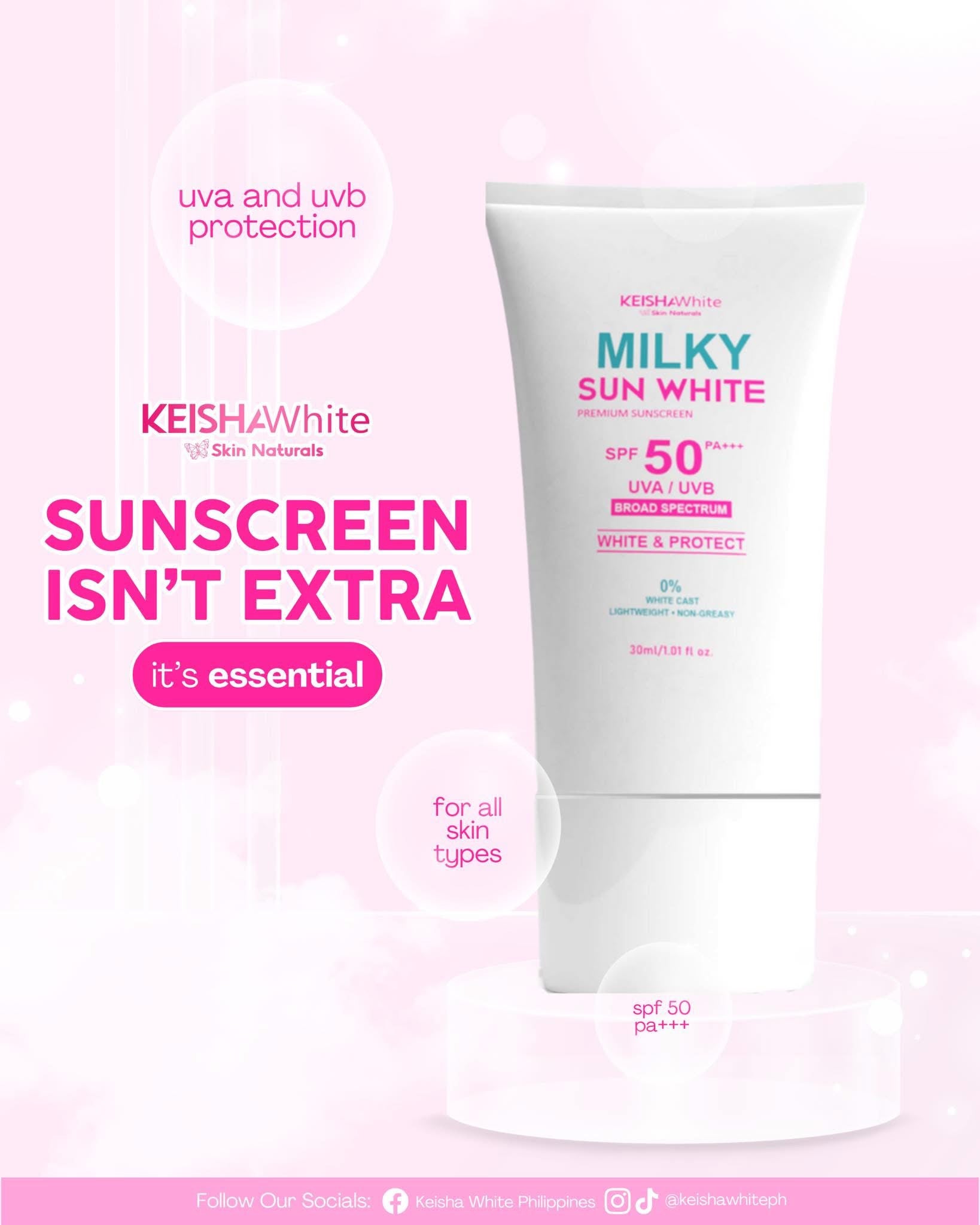 KEISHA White Skin Naturals Milky Sun White Premium Sunscreen SPF 50 PA+++ provides lightweight daily sun protection.