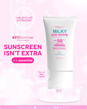 KEISHA White Skin Naturals Milky Sun White Premium Sunscreen SPF 50 PA+++ provides lightweight daily sun protection.