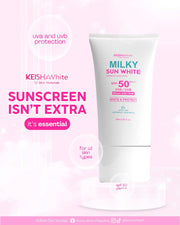 KEISHA White Skin Naturals Milky Sun White Premium Sunscreen SPF 50 PA+++ provides lightweight daily sun protection.