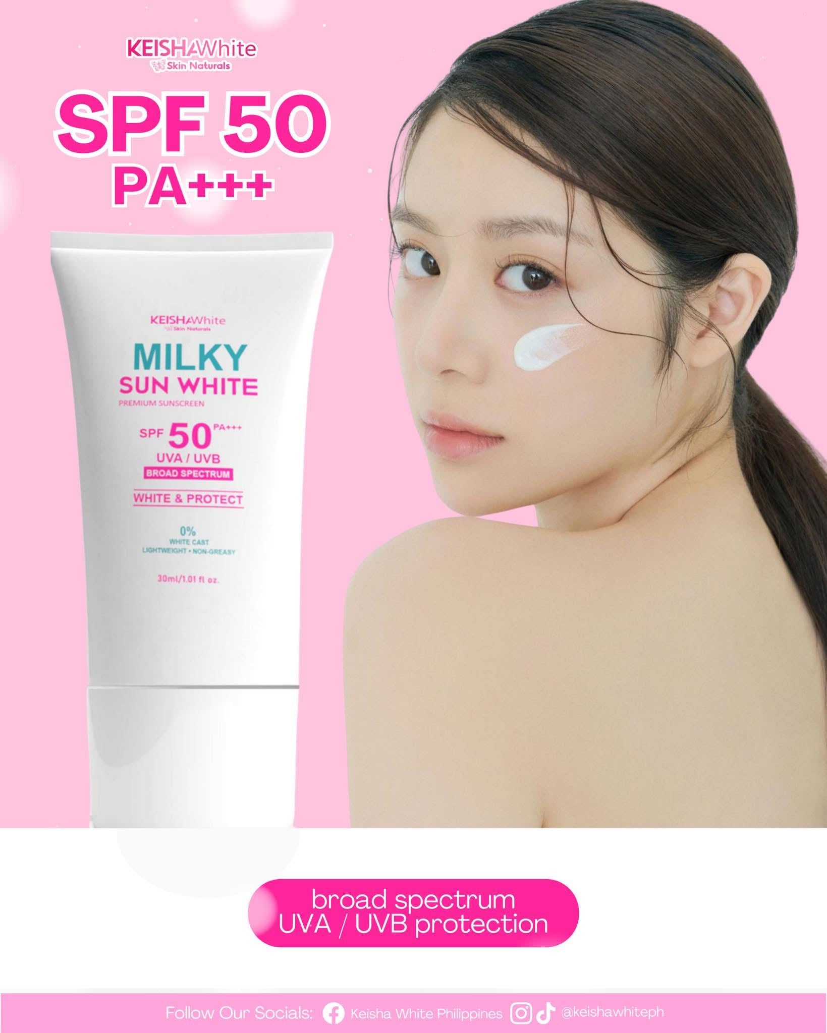 KEISHA White Skin Naturals Milky Sun White Premium Sunscreen SPF 50 PA+++ offers broad-spectrum UVA and UVB defense.