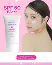 KEISHA White Skin Naturals Milky Sun White Premium Sunscreen SPF 50 PA+++ offers broad-spectrum UVA and UVB defense.