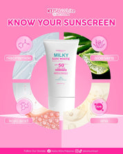 KEISHA White Skin Naturals Milky Sun White Premium Sunscreen SPF 50 PA+++ features a non-greasy, fast-absorbing formula.