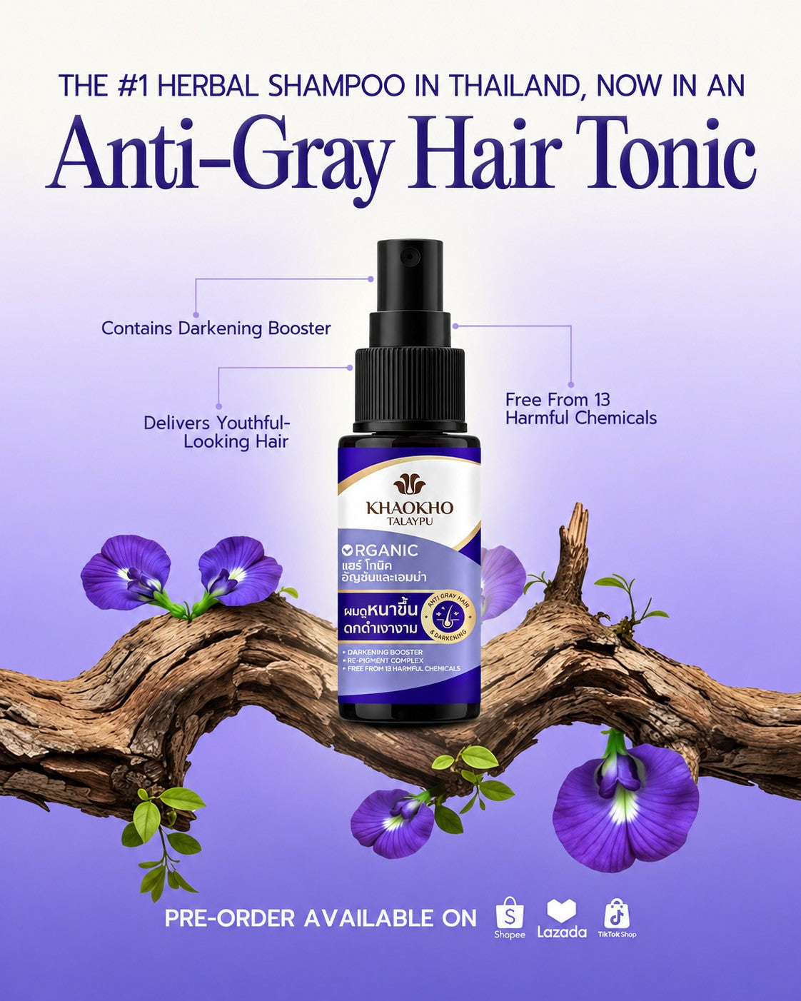 Khaokho Talaypu Organic Butterfly Pea & Henna Hair Tonic designed to complement natural-looking hair color care