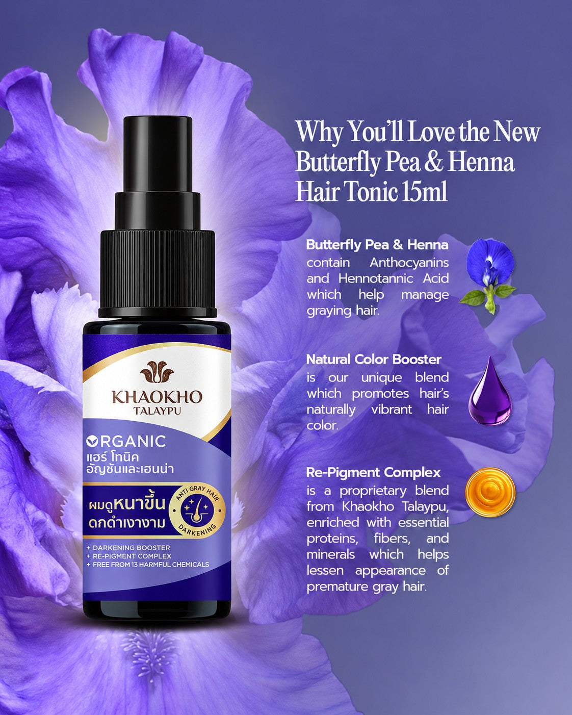 Khaokho Talaypu Organic Butterfly Pea & Henna Hair Tonic featuring botanical extracts for everyday hair conditioning