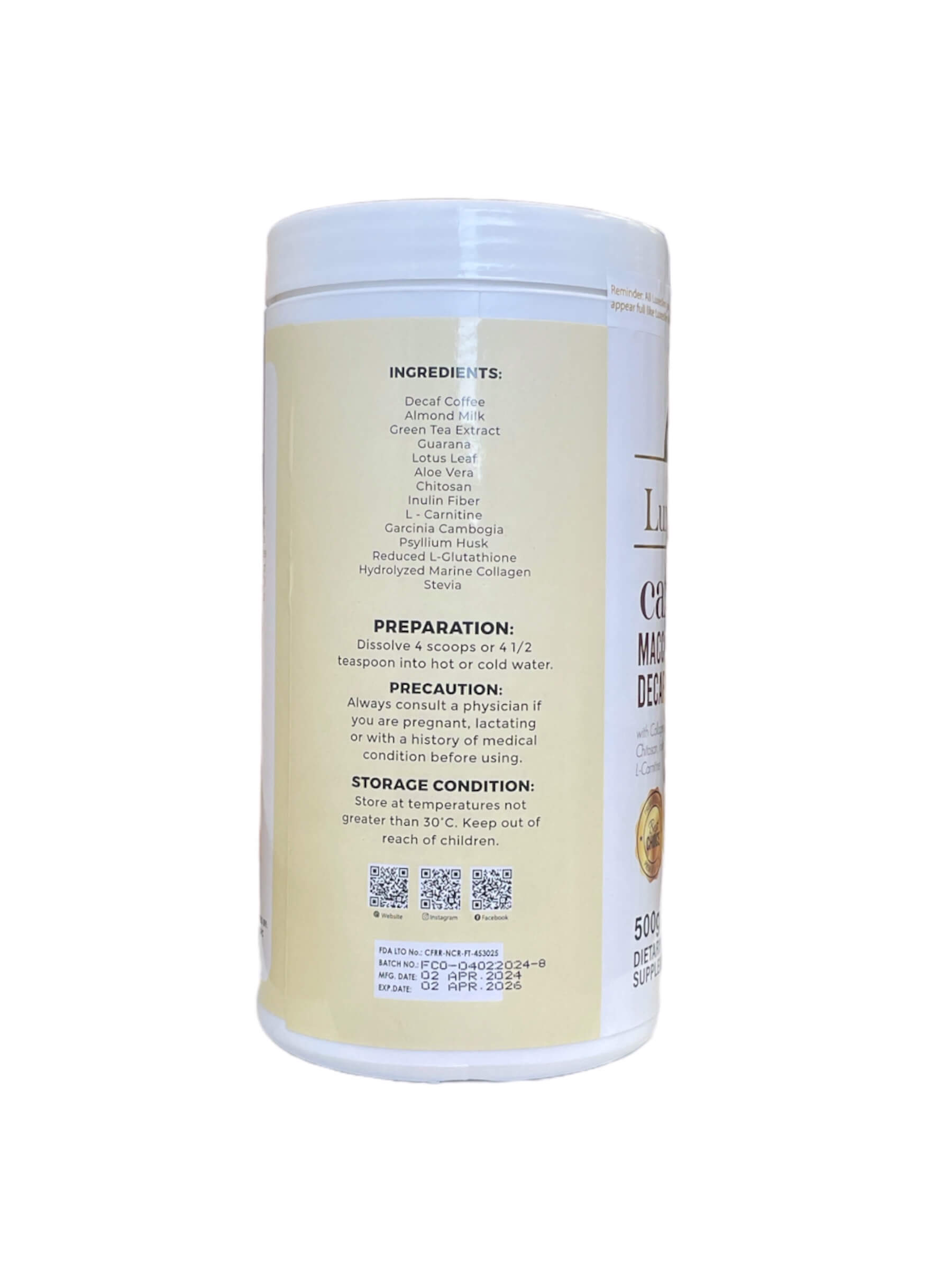 Luxe Slim KILO Caffe Macchiato DECAF drink mix in convenient packaging