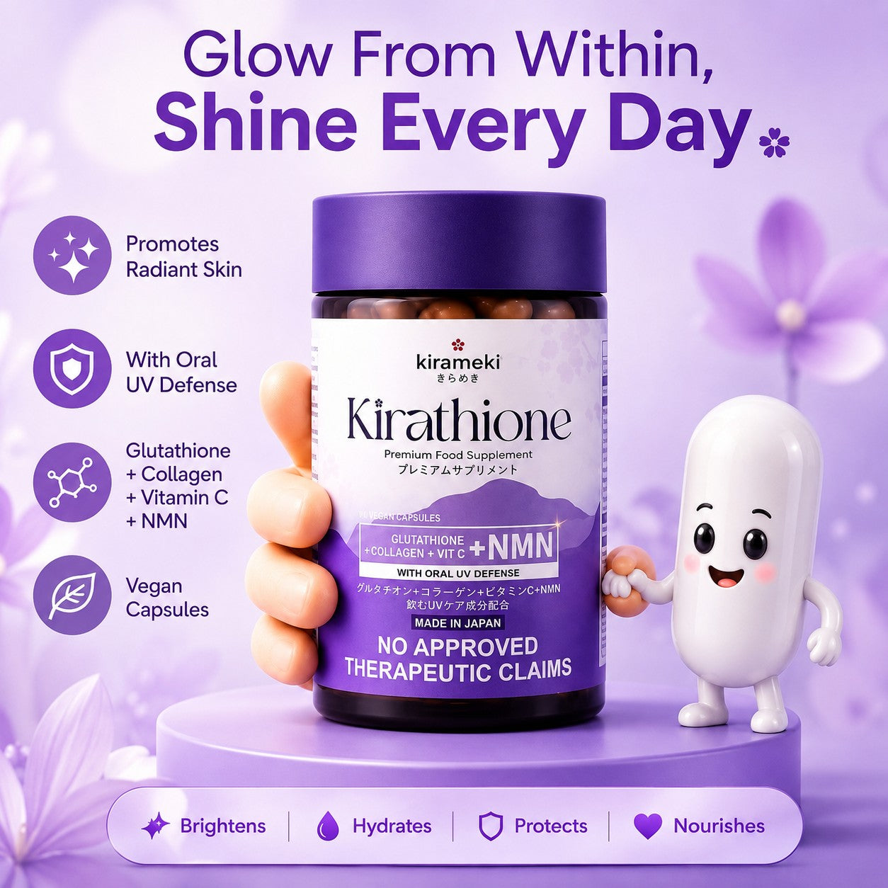 Kirameki Kirathione 570mg capsule with a clearly presented nutritional profile.