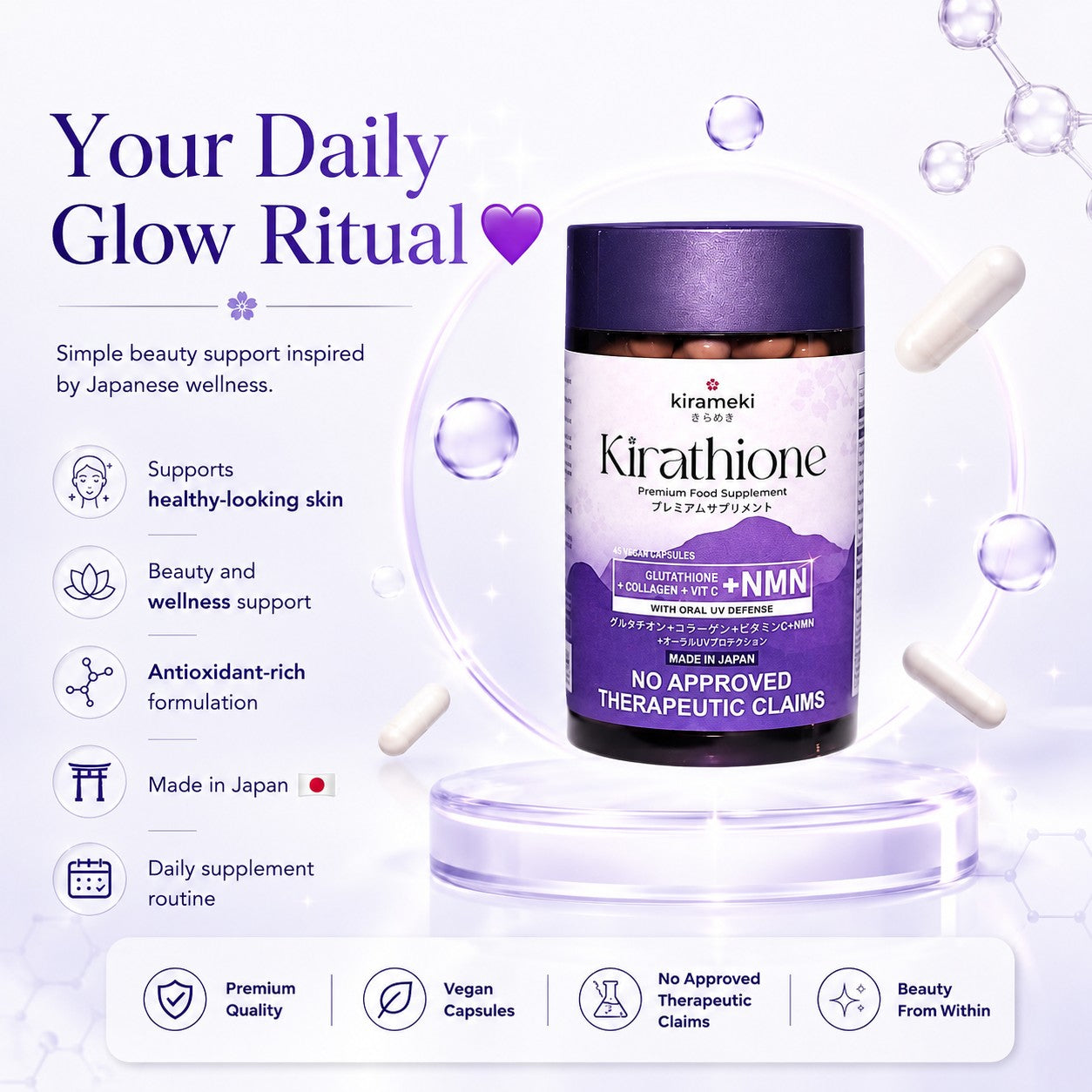 Kirameki Kirathione daily beauty and wellness supplement for a convenient capsule routine.