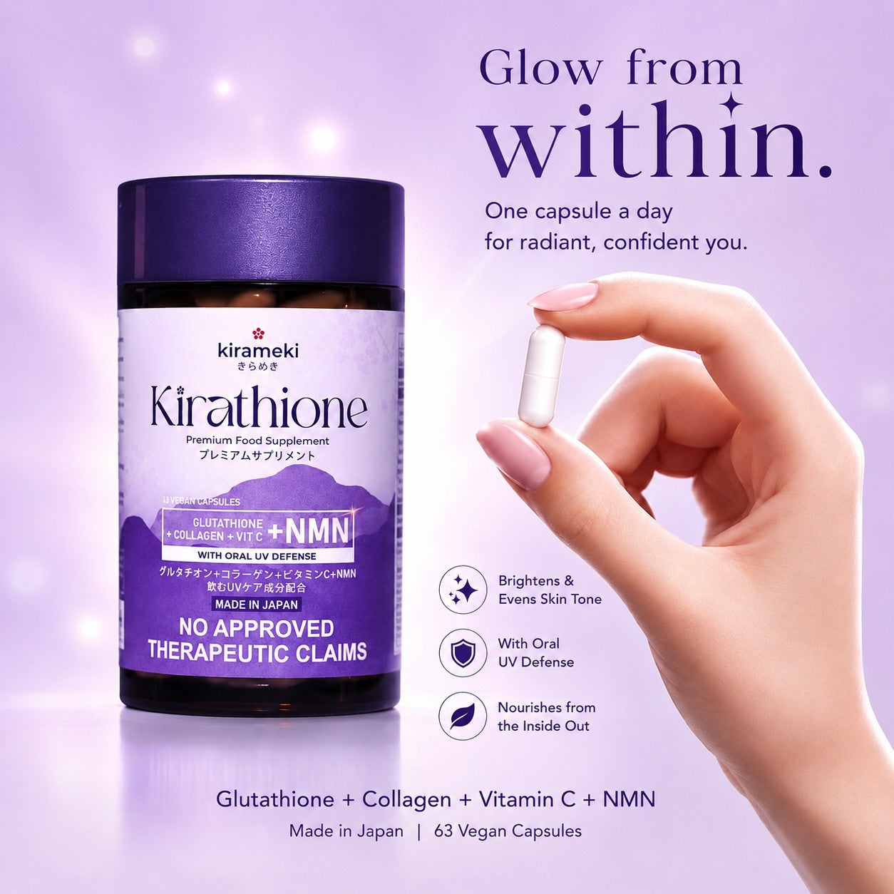 Kirameki Kirathione premium food supplement made in Japan with carefully selected ingredients.