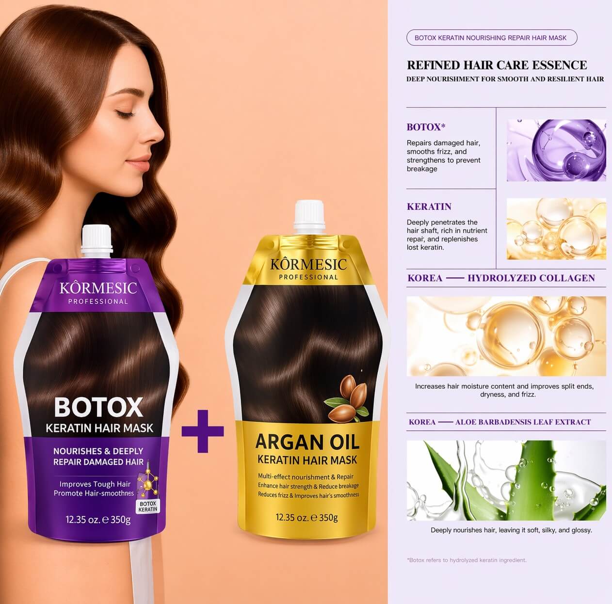 KORMESIC Professional Keratin Hair Mask Duo ingredient details with keratin collagen argan oil hair treatment formula