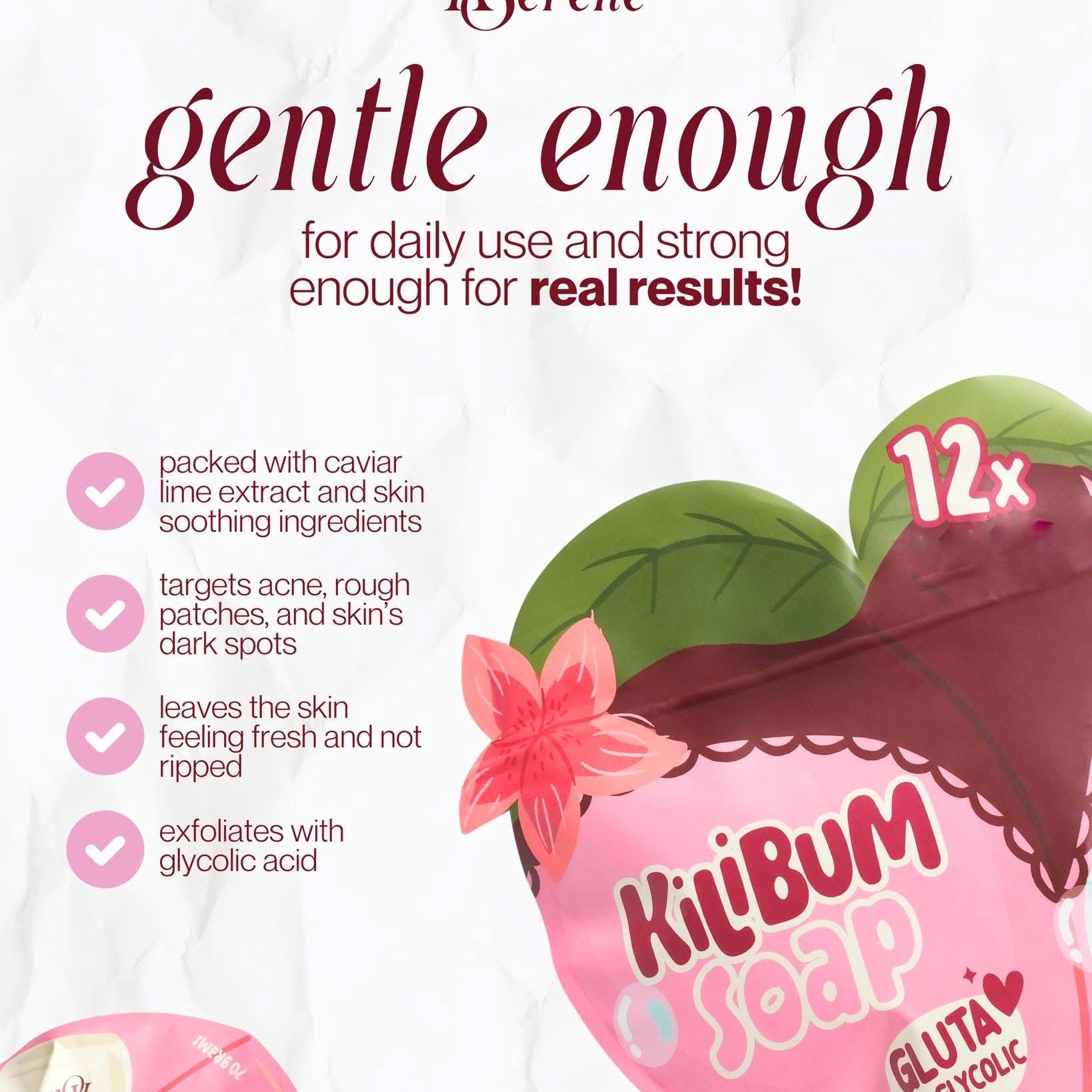 KSerene KiLiBUM Gluta Glycolic Soap 70g x 3 Bars – Gentle Exfoliating Bar with Glycolic, Kojic & Lactic Acid, Caviar Lime Extract, Glutathione 