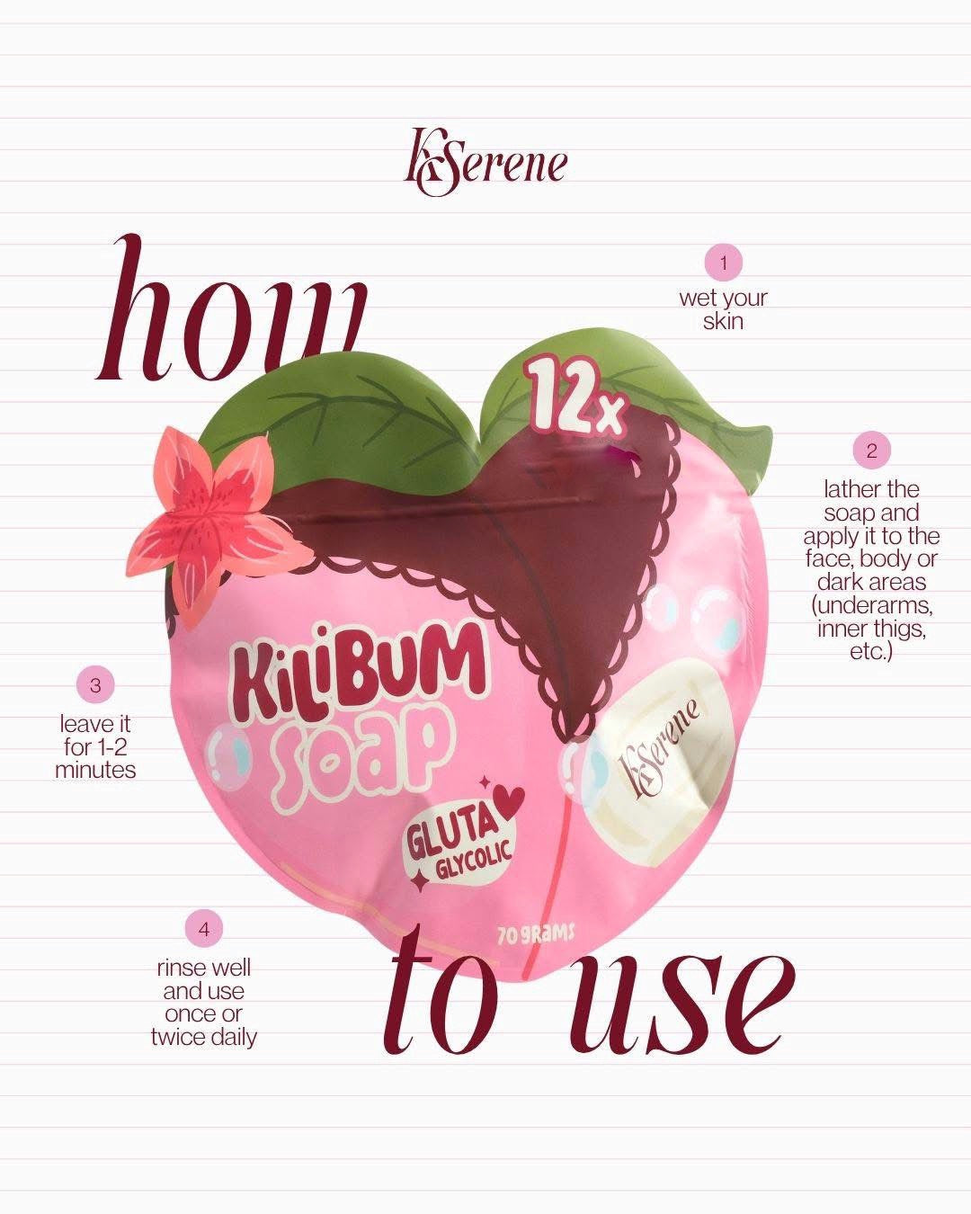 KSerene KiLiBUM Gluta Glycolic Soap 70g x 3 Bars – Gentle Exfoliating Bar with Glycolic, Kojic & Lactic Acid, Caviar Lime Extract, Glutathione 