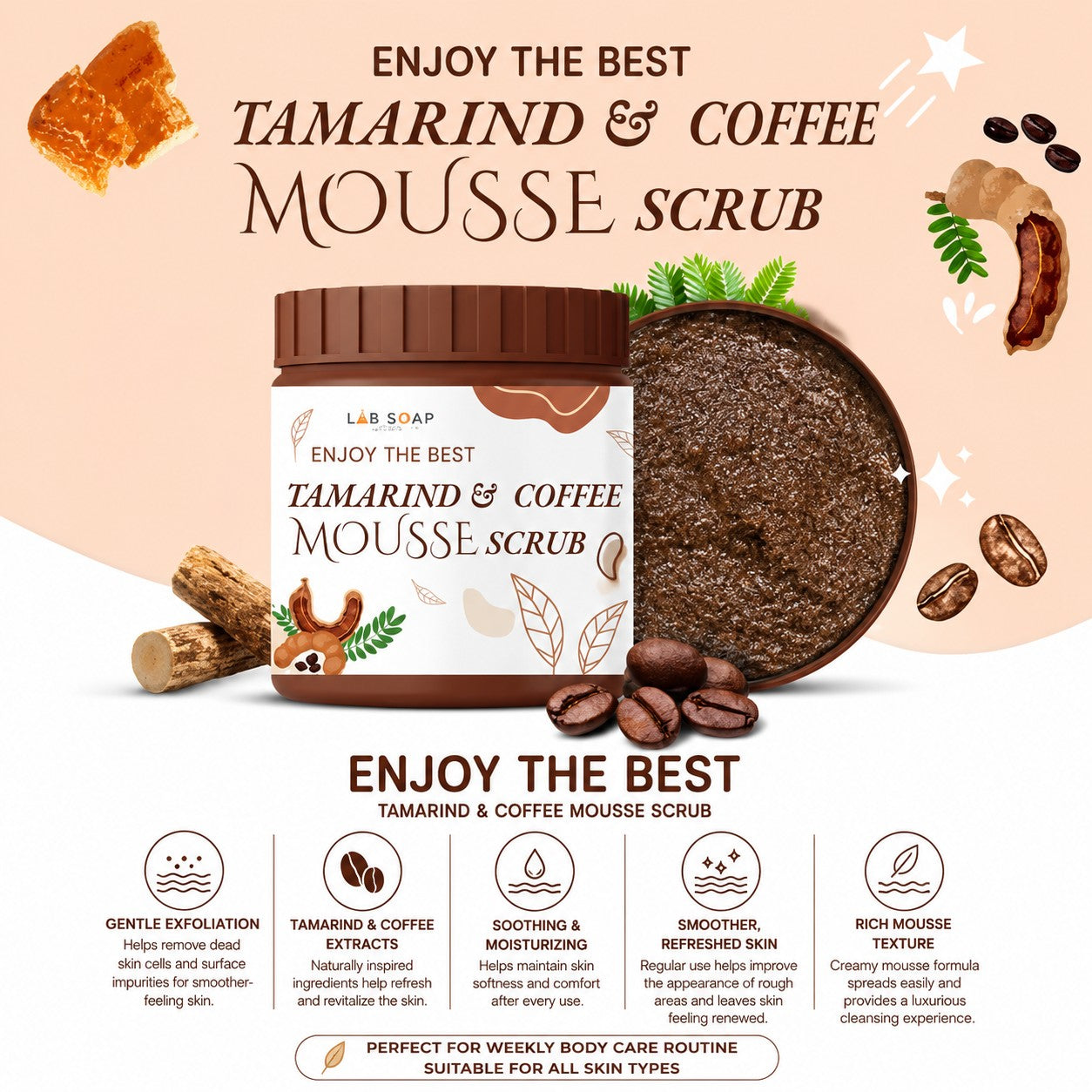 LAB SOAP Tamarind & Coffee Mousse Scrub with tamarind and coffee extracts for a refreshing cleansing experience.