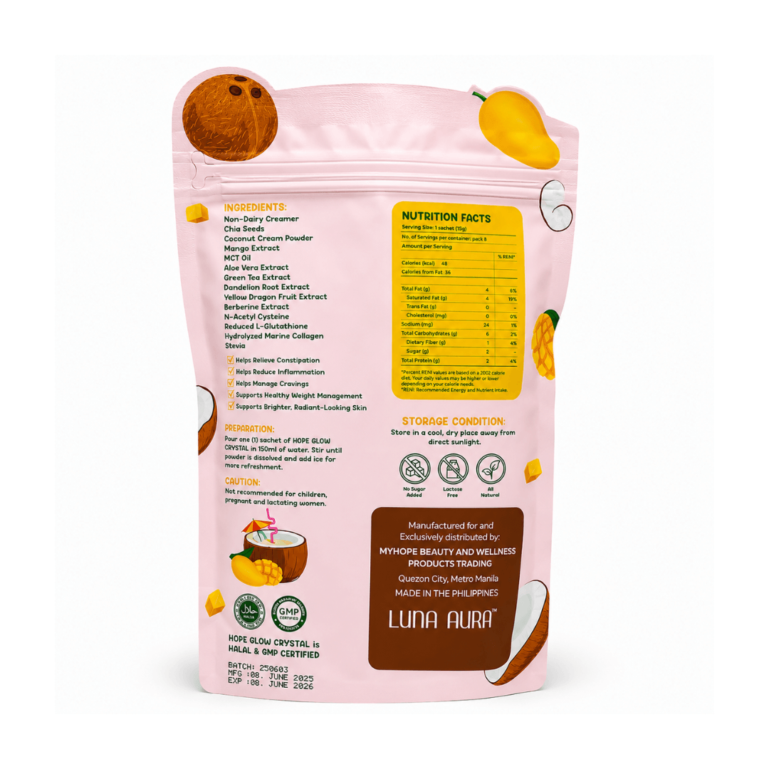 Luna Aura HOPE GLOW Crystal DTX daily fiber drink mix with refreshing mango coconut flavor.