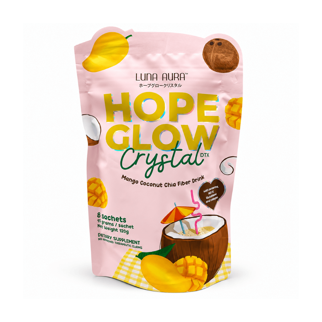 Luna Aura HOPE GLOW Crystal DTX Mango Coconut Chia Fiber Drink with 8 convenient daily sachets.