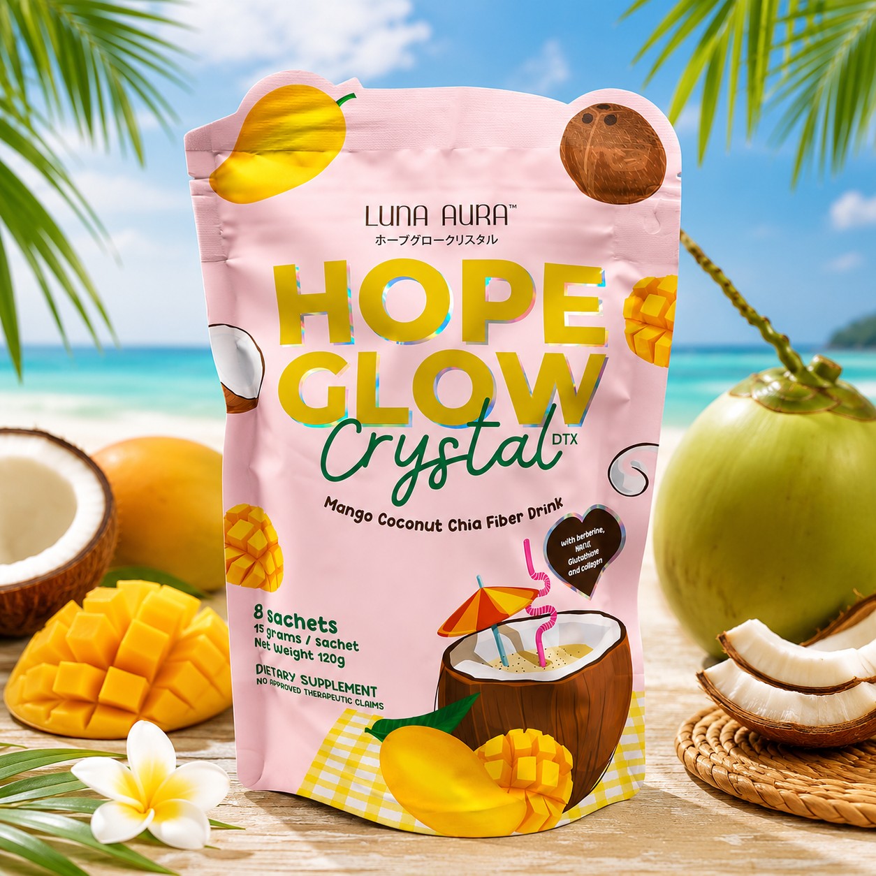 Luna Aura HOPE GLOW Crystal DTX tropical wellness drink crafted for everyday enjoyment.