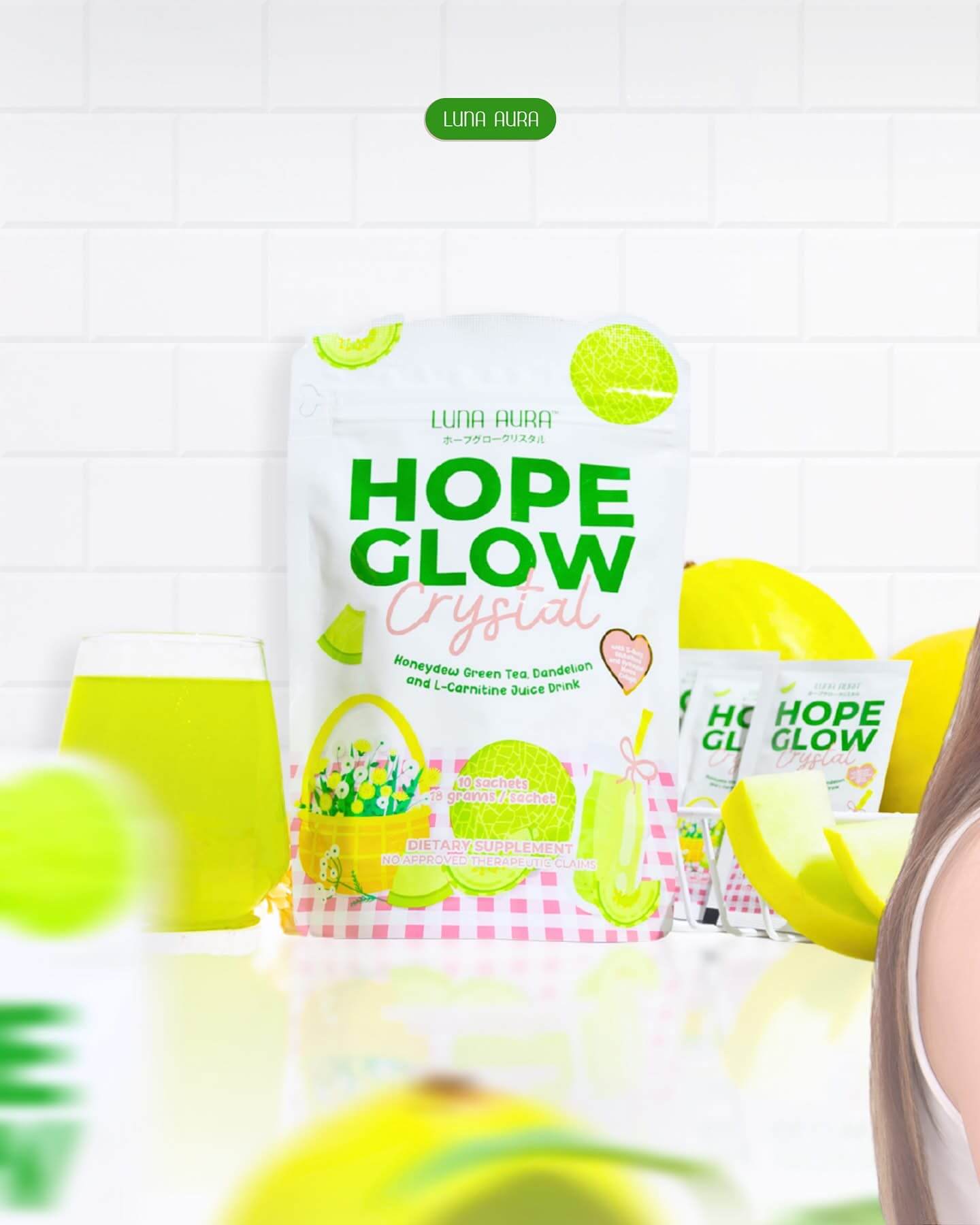 LUNA AURA HOPE GLOW Crystal Honeydew Green Tea & Dandelion low-caffeine beverage for gentle energy