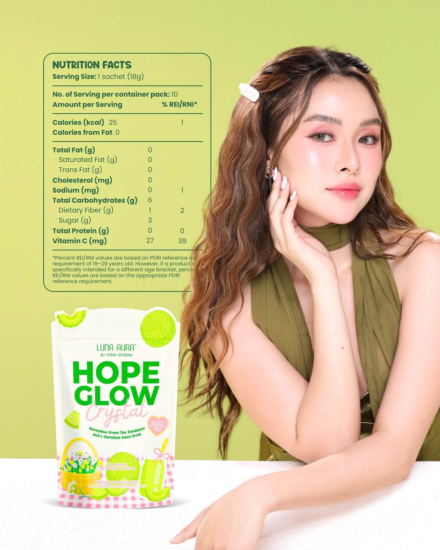 LUNA AURA HOPE GLOW Crystal Honeydew Green Tea & Dandelion refreshing flavor perfect for tea lovers