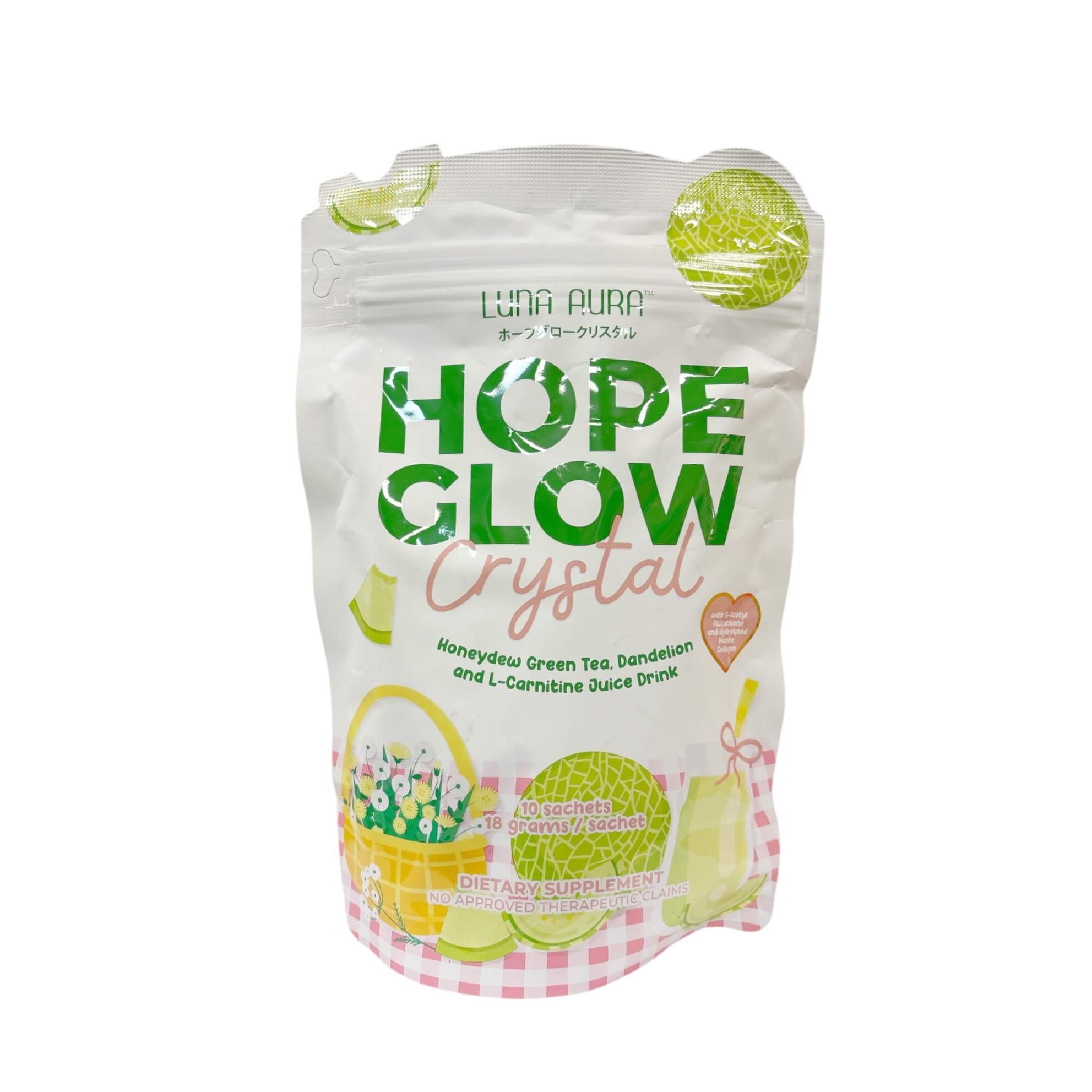 LUNA AURA HOPE GLOW Crystal Honeydew Green Tea & Dandelion relaxing beverage for stress relief and calm moments