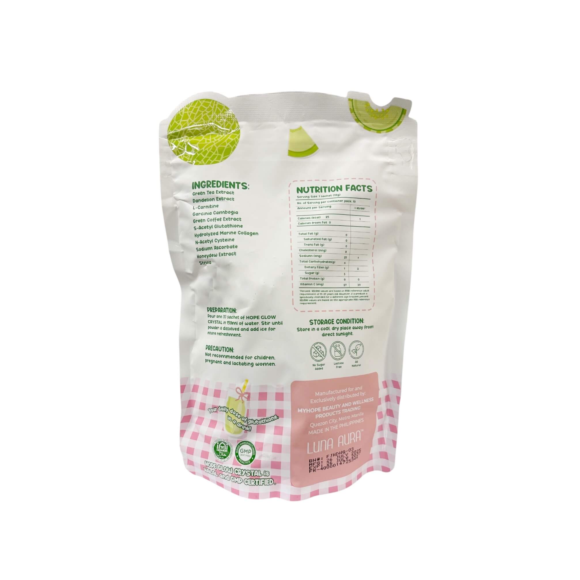 LUNA AURA HOPE GLOW Crystal Honeydew Green Tea & Dandelion soothing drink with gentle natural flavors