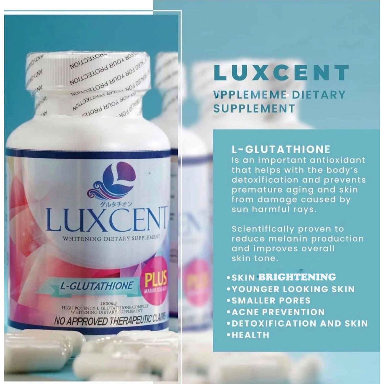 Luxcent Glutathione Whitening Capsules with Marine Collagen