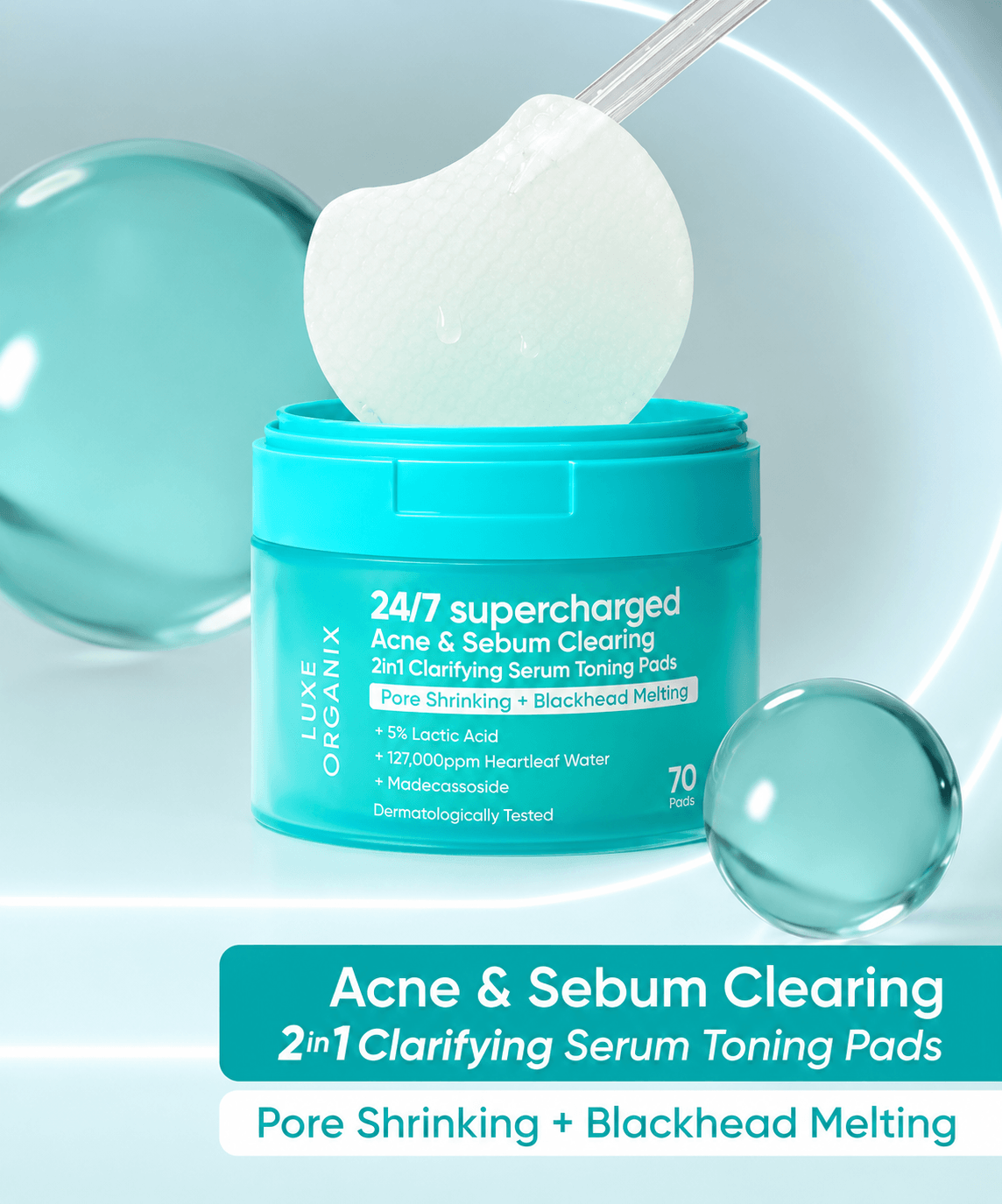 Luxe Organix 24/7 Supercharged Pore Refining Toning Pads with 5 Percent Lactic Acid Daily Skin Care Formula