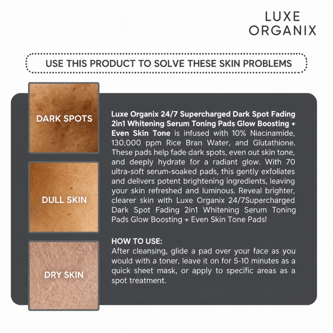 LUXE ORGANIX 24/7 Supercharged Dark Spot Fading Serum Toning Pads 70 Pads with rice bran water hydration support