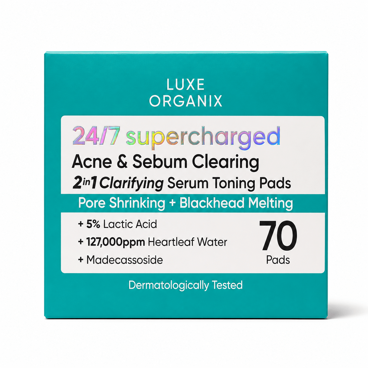 Luxe Organix 24/7 Supercharged Acne & Sebum Clearing 2in1 Clarifying Serum Toning Pads with Lactic Acid and Heartleaf Water