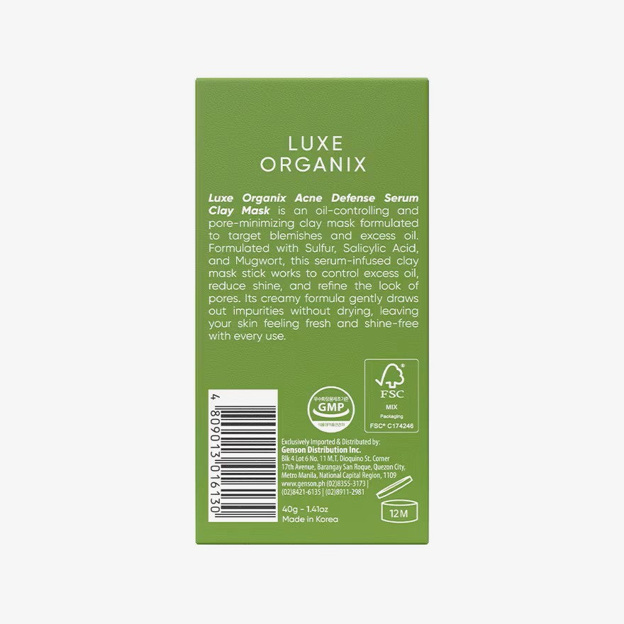 Luxe Organix Acne Defense Mugwort Clay Stick 52g non drying clay formula with comfortable skin finish