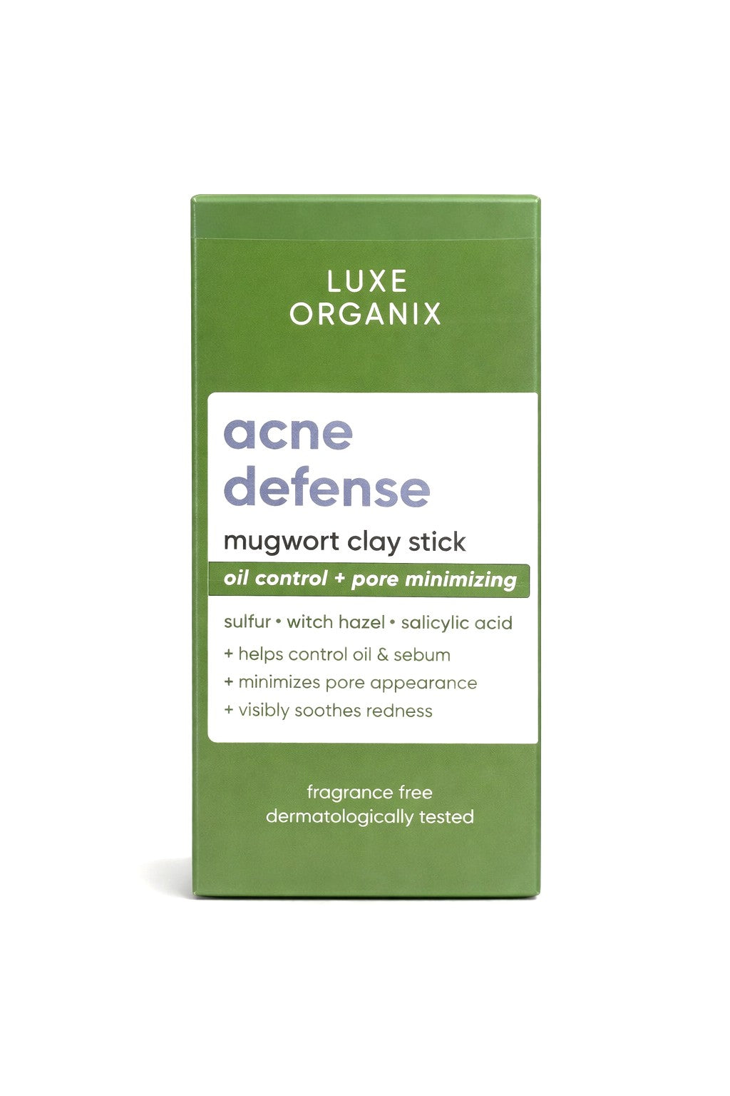 Luxe Organix Acne Defense Mugwort Clay Stick 52g oil control and pore refining clay mask for smoother looking skin