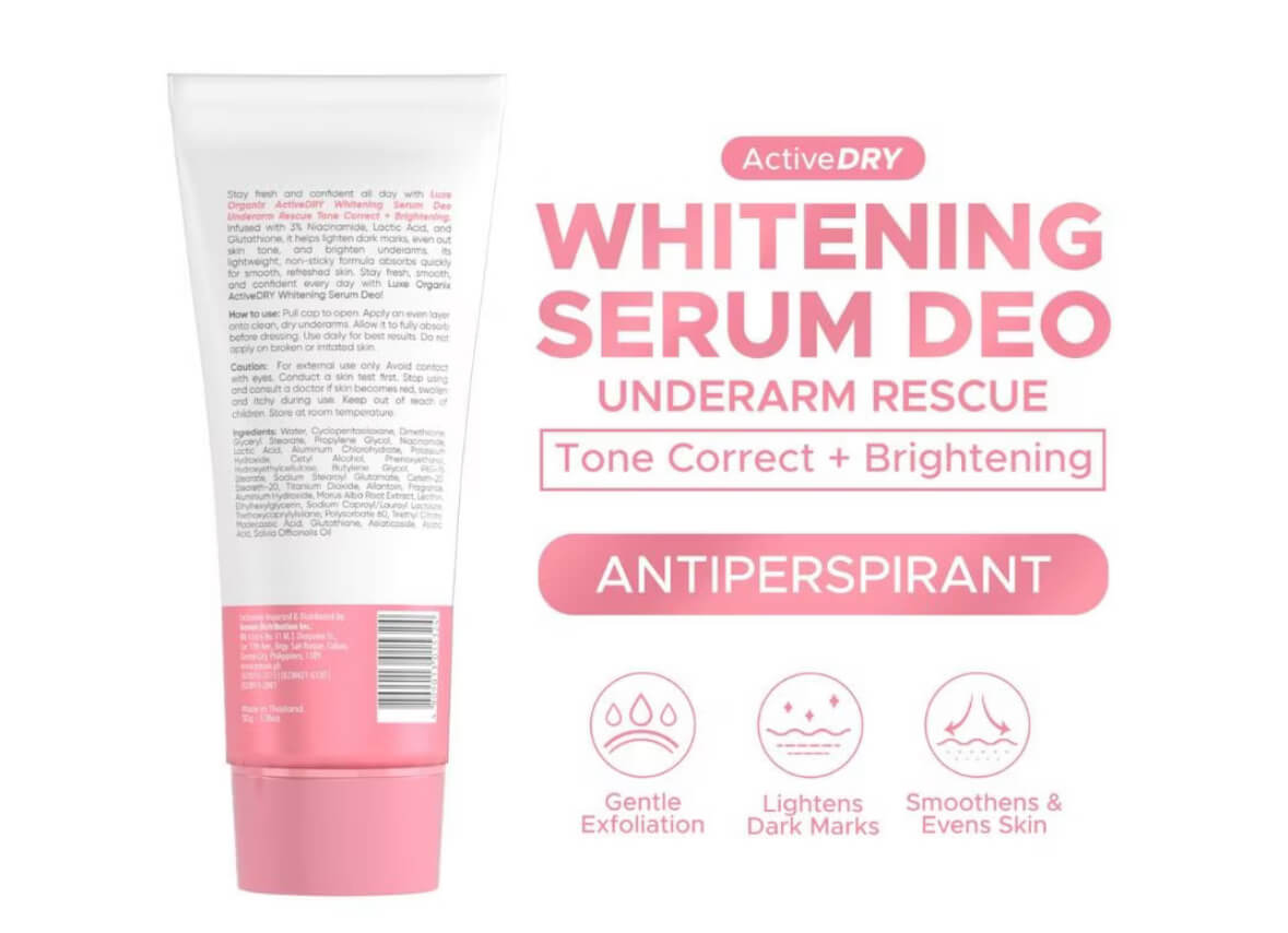 Luxe Organix Active Dry Underarm Serum Deodorant Pink with tone correct and smooth firm formula.