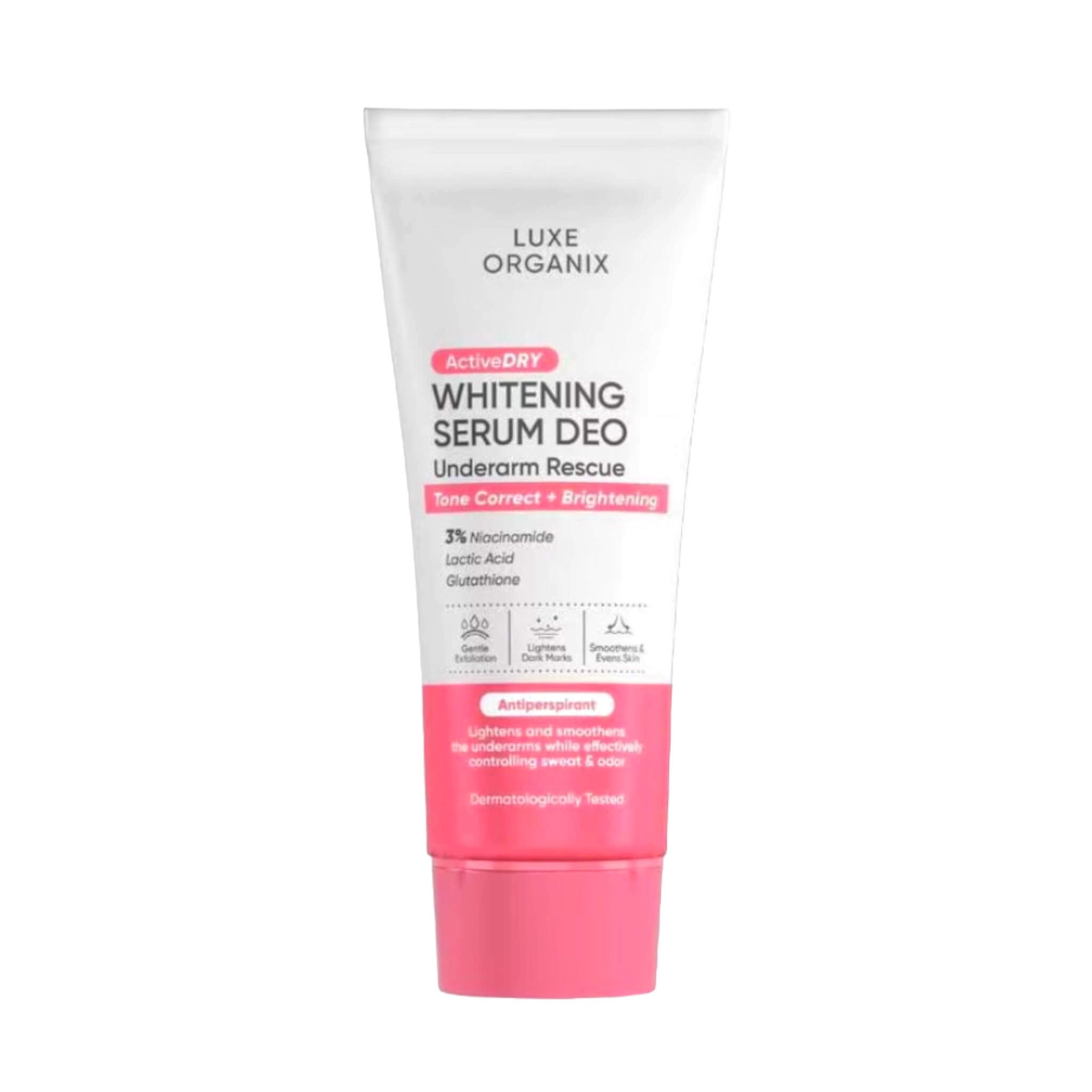 Luxe Organix Active Dry Underarm Serum Deodorant (Pink) – Tone Correct + Smooth & Firm Formula with 3% Niacinamide, Lactic Acid & Glutathione, Lightweight Non-Sticky Deo for Fresh Underarms, 50g
