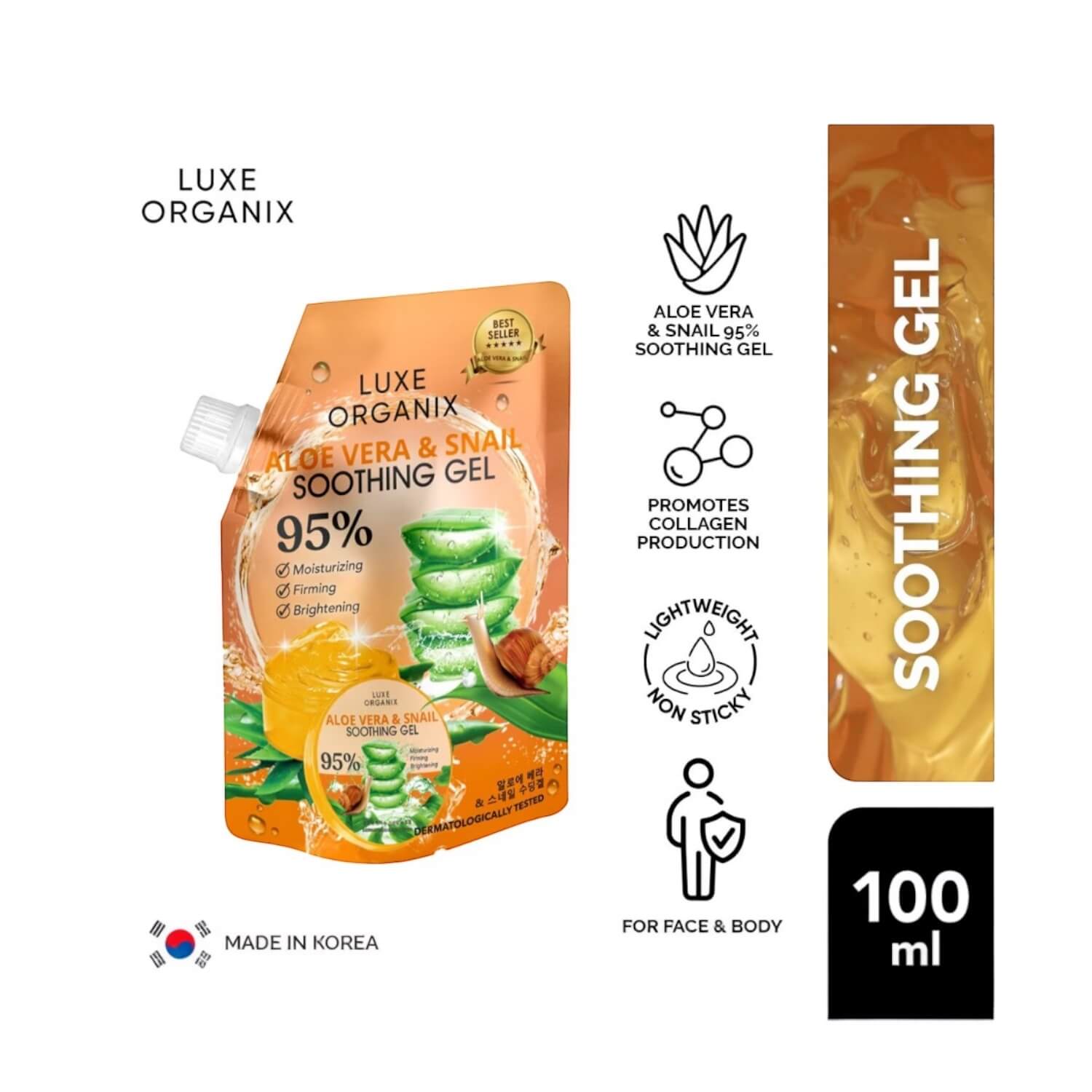 Luxe Organix Aloe Vera & Snail Soothing Gel 95% 100ml Sachet absorbs quickly into skin

