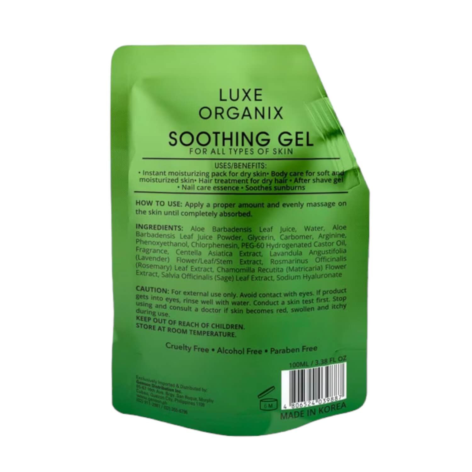 Luxe Organix Aloe Vera Soothing Gel 99% 100ml Sachet delivers a cooling skin sensation

