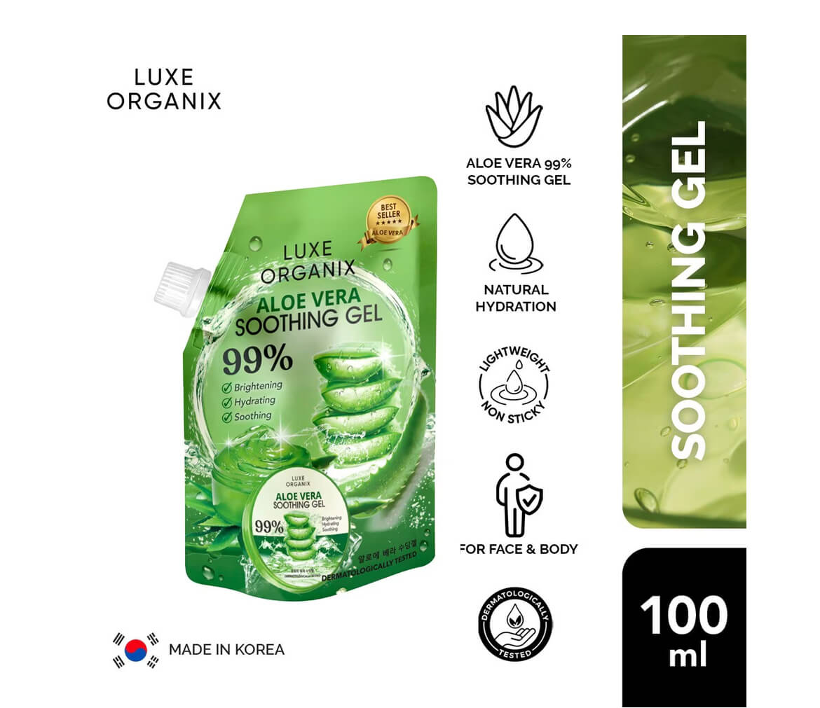 Luxe Organix Aloe Vera Soothing Gel 99% 100ml Sachet moisturizes without the sticky feel

