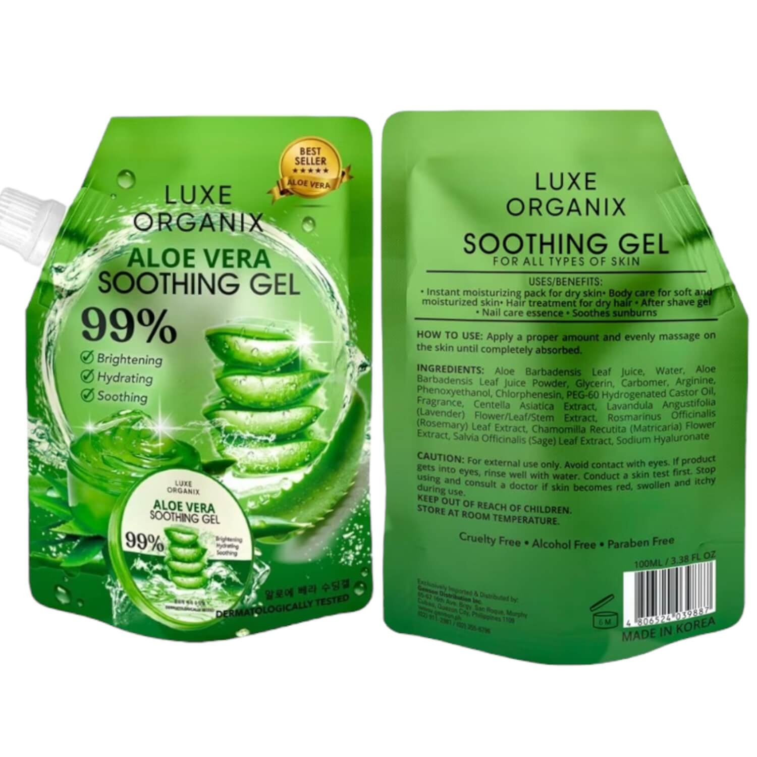 Luxe Organix Aloe Vera Soothing Gel 99% 100ml Sachet can be used on face and body

