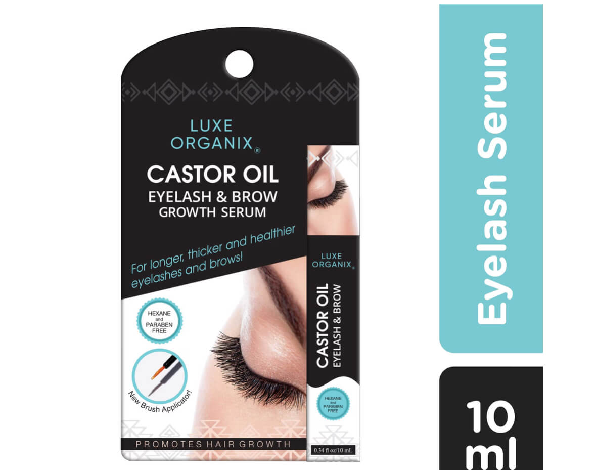 Luxe Organix Castor Oil Serum nourishing lash and brow enhancing formula with red ginseng and helichrysum for daily conditioning.