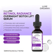 Luxe Organix Clinical Pro Retinol Radiance Overnight Botox Lift Serum 30ml enhances skin glow overnight


