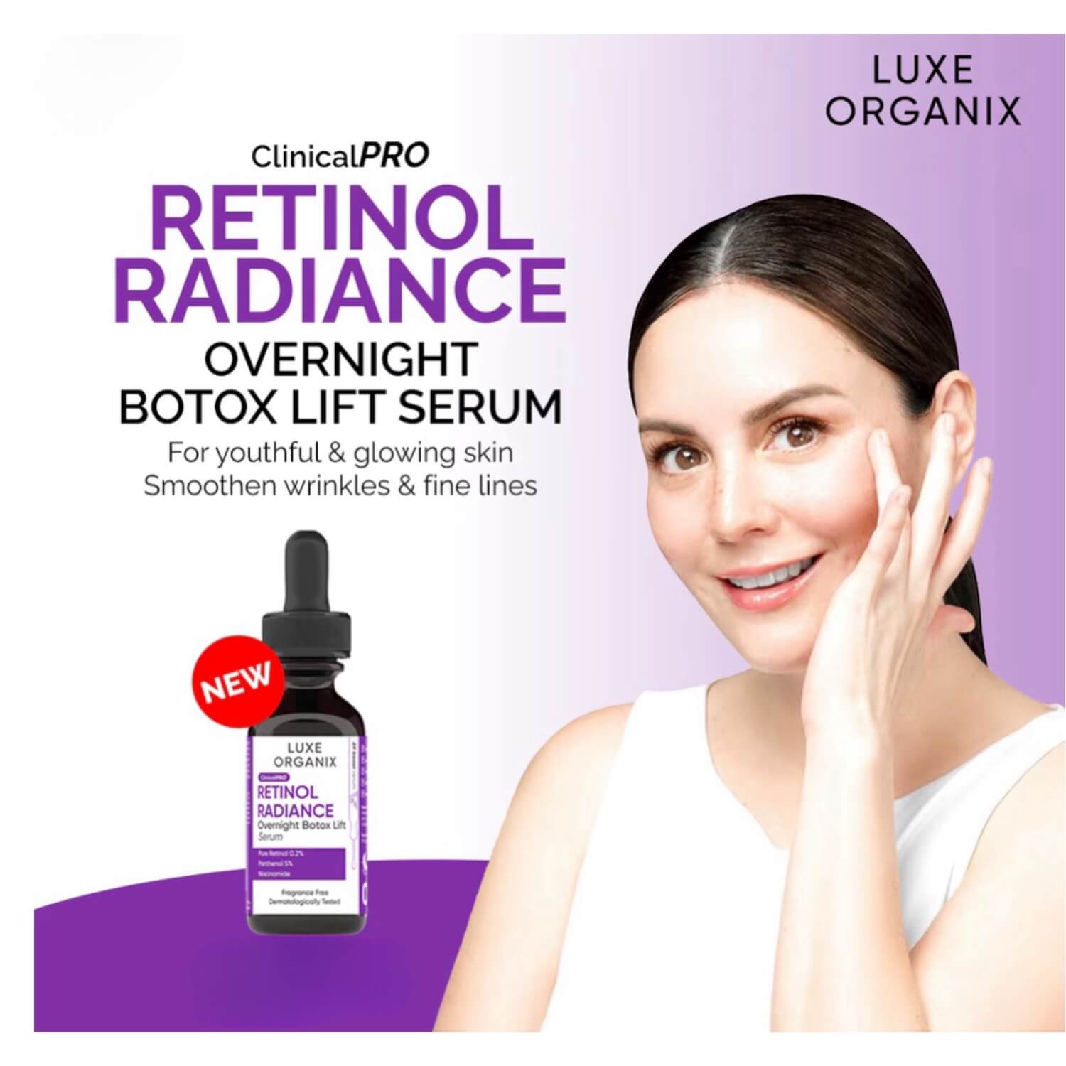 Luxe Organix Clinical Pro Retinol Radiance Overnight Botox Lift Serum 30ml ideal for night skincare

