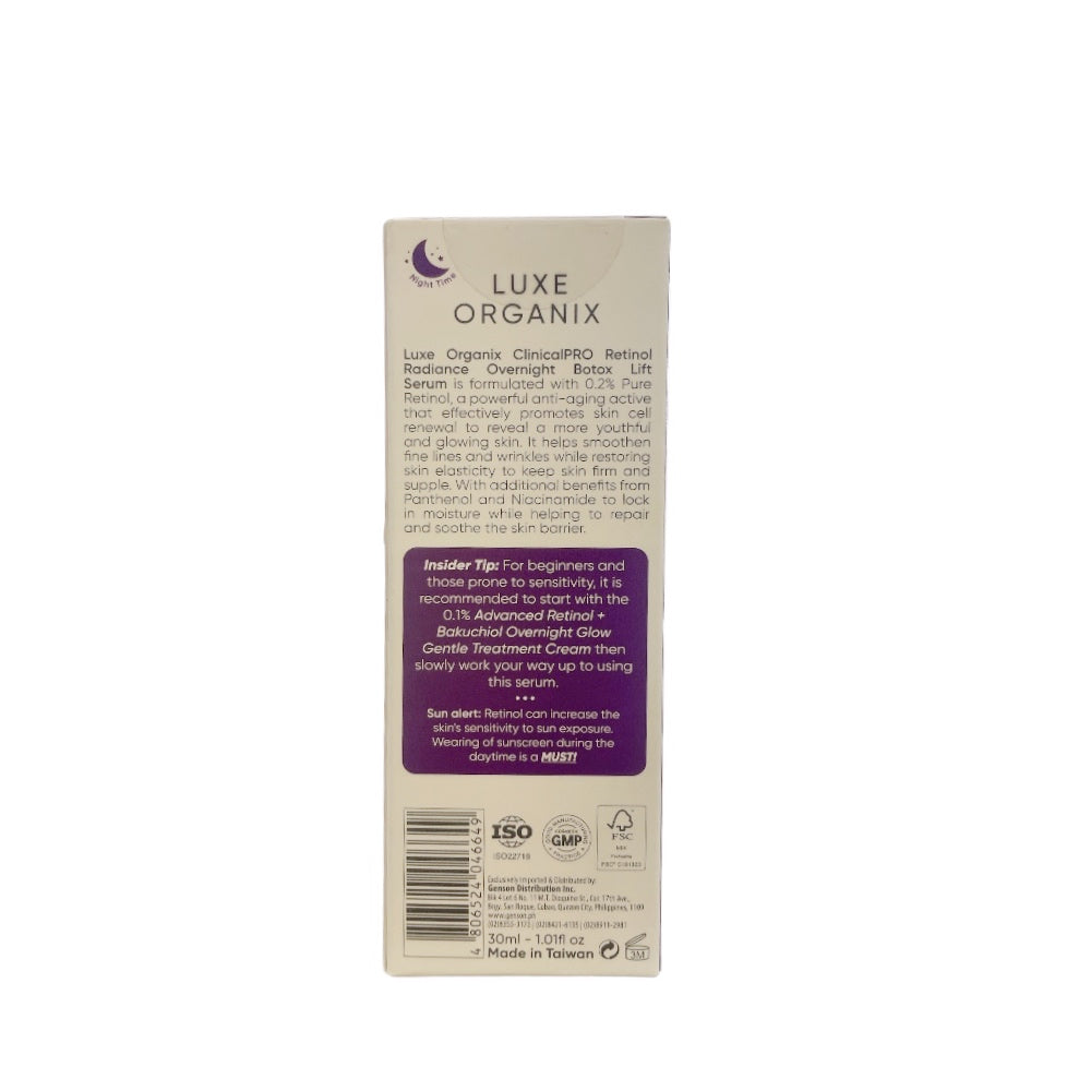 Luxe Organix Clinical Pro Retinol Radiance Overnight Botox Lift Serum 30ml supports fresh-looking skin

