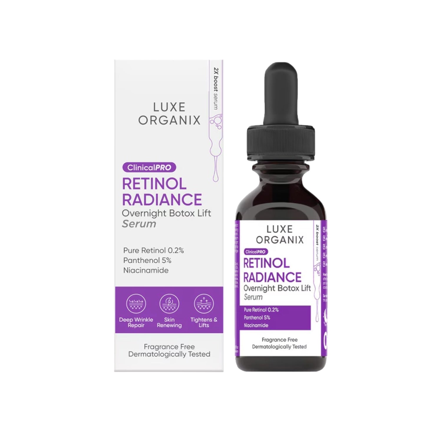 Luxe Organix Clinical Pro Retinol Radiance Overnight Botox Lift Serum 30ml helps promote smooth skin

