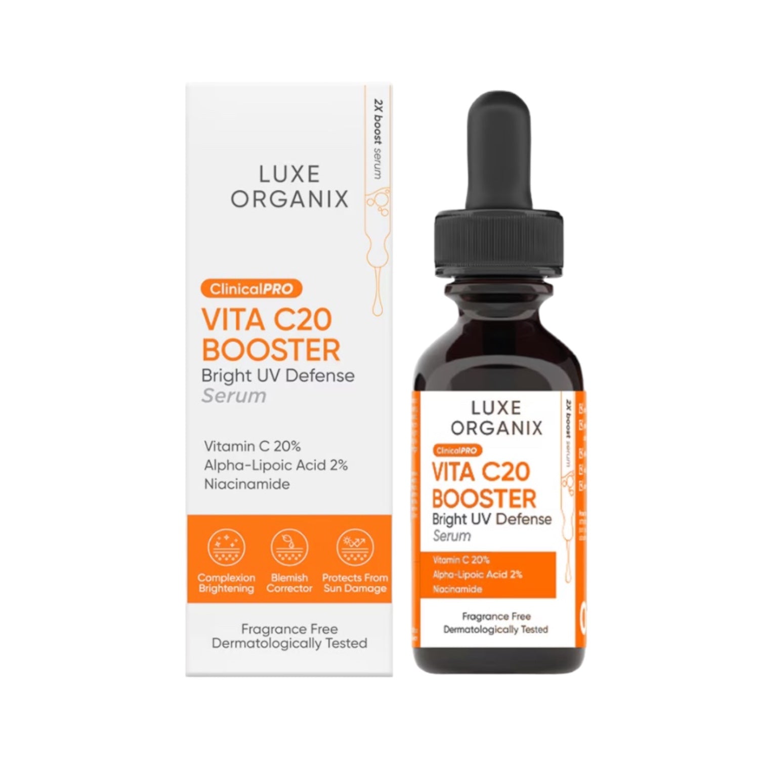 Luxe Organix Clinical Pro Vita C20 Booster Serum 30ml promotes fresh and glowing skin

