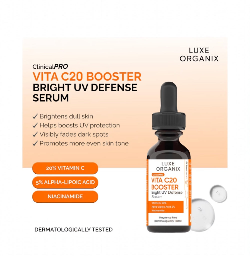 Luxe Organix Clinical Pro Vita C20 Booster Serum 30ml enhances natural skin glow

