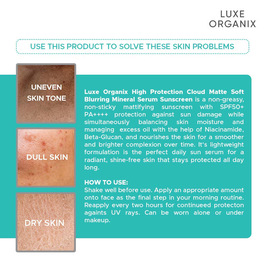 Luxe Organix Cloud Matte Soft Blurring Mineral Serum Sunscreen SPF50+ PA++++ oil control formula with natural matte finish