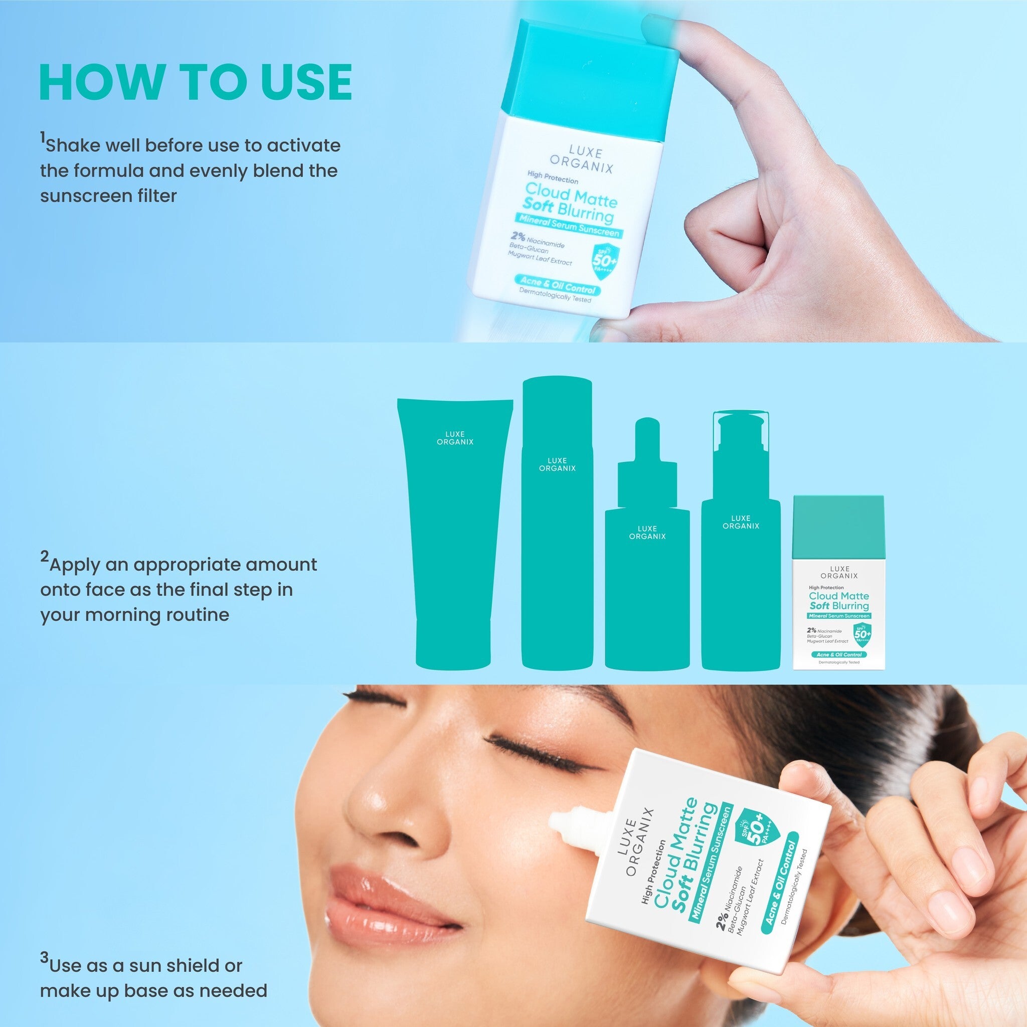 Luxe Organix Cloud Matte Soft Blurring Mineral Serum Sunscreen SPF50+ PA++++ with mugwort extract for calming feel
