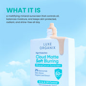 Luxe Organix Cloud Matte Soft Blurring Mineral Serum Sunscreen SPF50+ PA++++ with niacinamide for balanced skin appearance