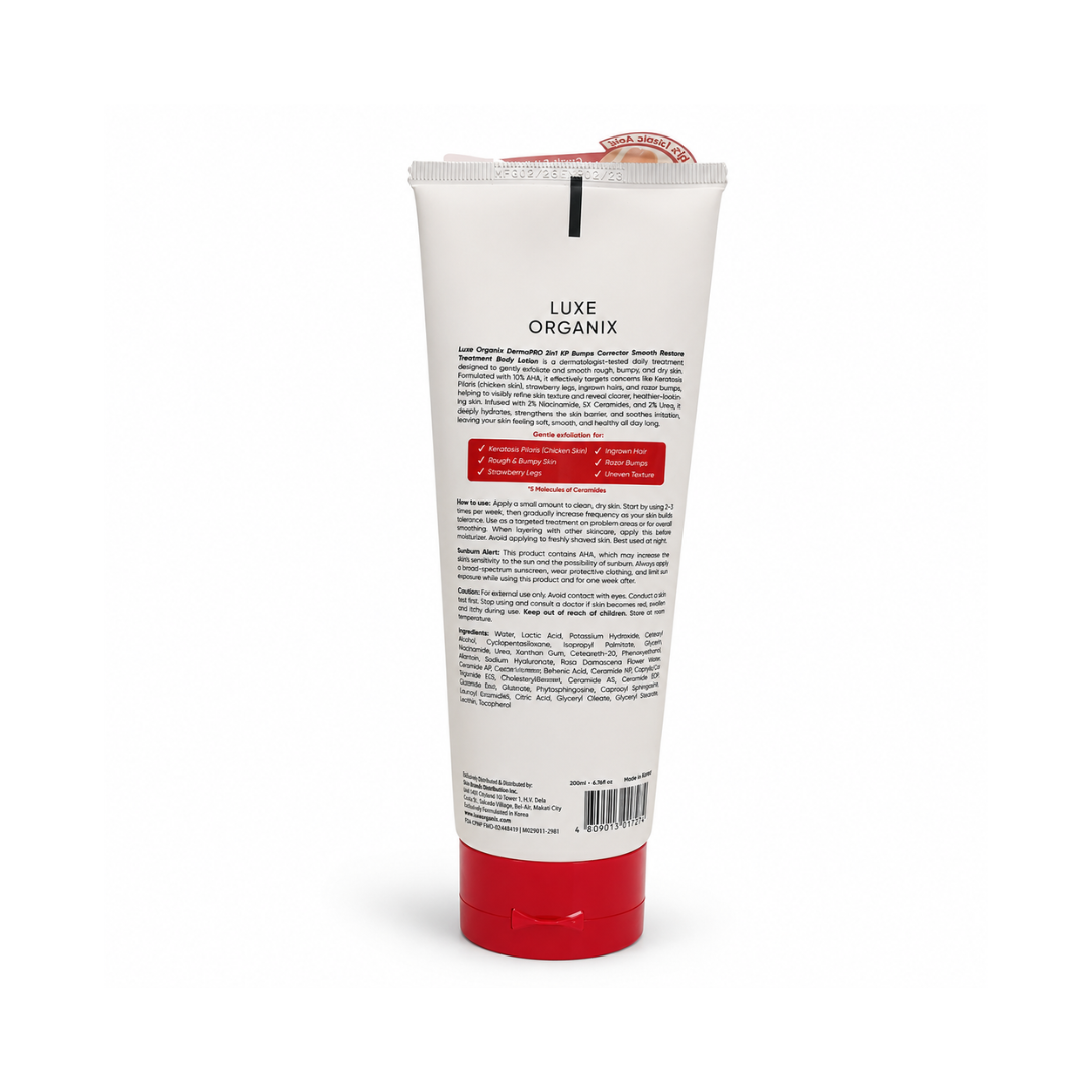 Luxe Organix DermaPRO 2-in-1 KP Bumps Corrector Smooth Restore Treatment Body Lotion with 10% AHA, Niacinamide, 5X Ceramides and Urea for smoother-looking skin texture