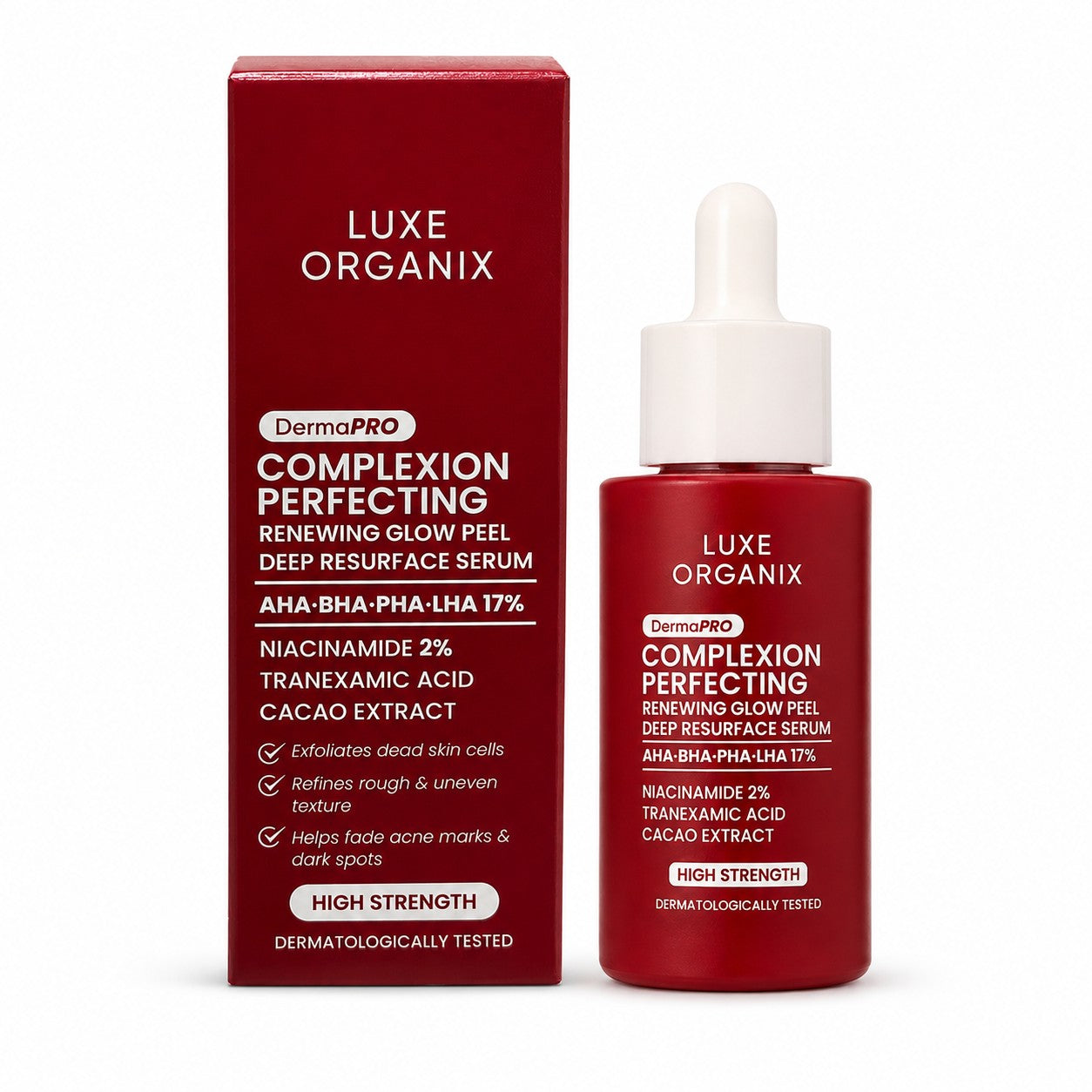 Luxe Organix DermaPRO Complexion Perfecting Glow Peel Serum 30ml for a refined and smoother-looking complexion