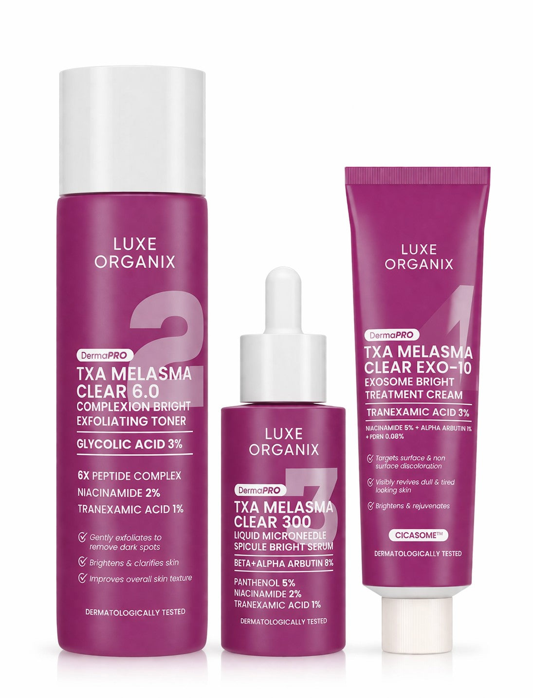 Luxe Organix DermaPRO TXA Melasma Clear skincare set with toner serum and cream