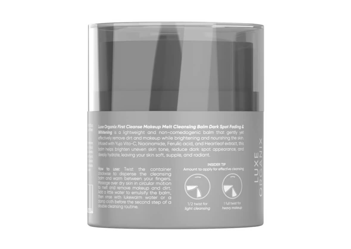 Luxe Organix First Cleanse Dark Spot Clearing & Soothing Cleansing Balm with Yuja Vita-C for a refreshed, clean skin feel